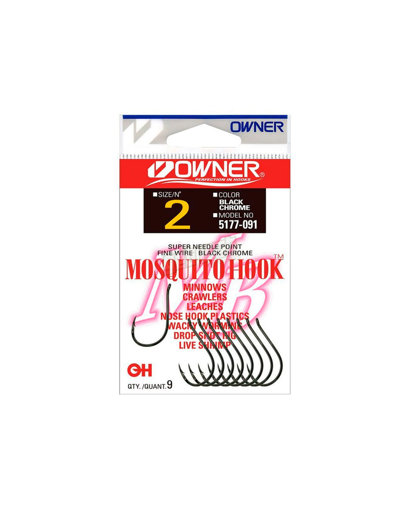 Owner 5177 Mosquito Light Wire Hook - Size 7/0, Black Chrome, 3 Pack, For Wacky Rig & Drop Shot
